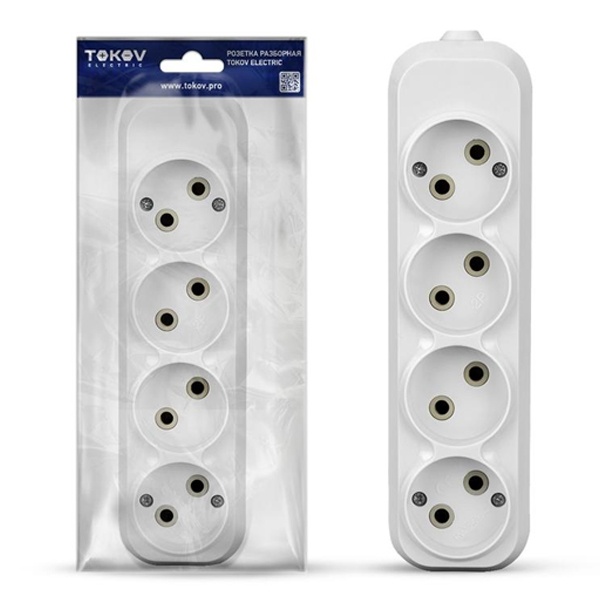 Колодка удлинителя Tokov Electric на 4 розетки 10А без заземления АБС-пластик белая