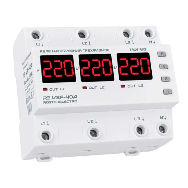 Трехфазное реле контроля напряжения Rostokelectro RE V3F-40A на DIN-рейку