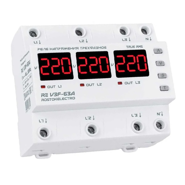 Трехфазное реле контроля напряжения Rostokelectro RE V3F-63A на DIN-рейку