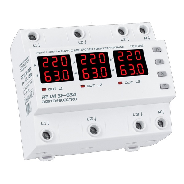 Трехфазное реле контроля напряжения c контролем тока Rostokelectro RE VA3F-63A на DIN-рейку