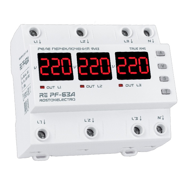 Реле переключения фаз Rostokelectro RE PF-63A (max 80A) на DIN-рейку