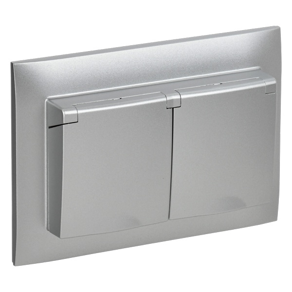 Розетка 2-я с заземлением в сборе ИЭК SKANDY SK-R12S 16А шторки крышка IP44 серебряный