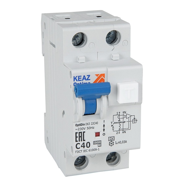 Дифавтомат КЭАЗ OptiDin D63-21C16-A У3 1P+N С16А 10мА тип А однофазный электронный 6кА (дифференциальный автомат, АВДТ)