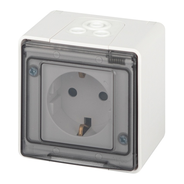 Розетка с заземлением открытой установки ЭРА Эксперт 11-2502-01 2P+E 16А шторки IP55 белый