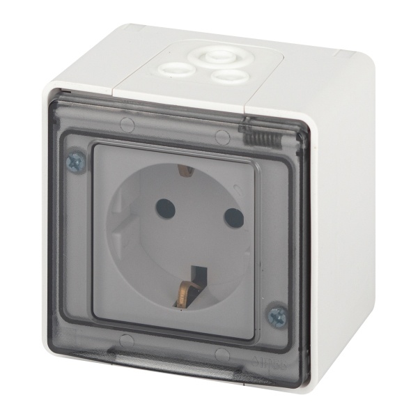 Розетка с заземлением открытой установки ЭРА Эксперт 11-2501-01 2P+E 16А IP55 белый