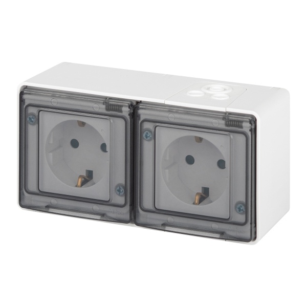 Розетка с заземлением 2-я открытой установки ЭРА Эксперт 11-2504-01 2х2P+E 16А шторки г-я IP55 белый