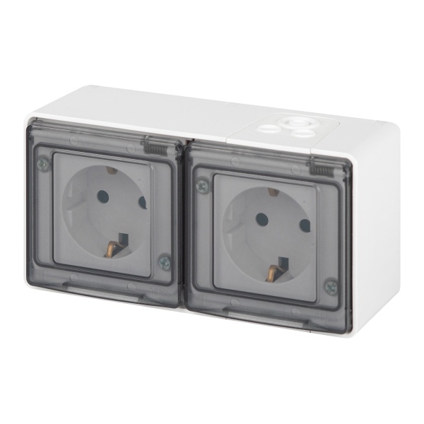 Розетка с заземлением 2-я открытой установки ЭРА Эксперт 11-2503-01 2х2P+E 16А г-я IP55 белый