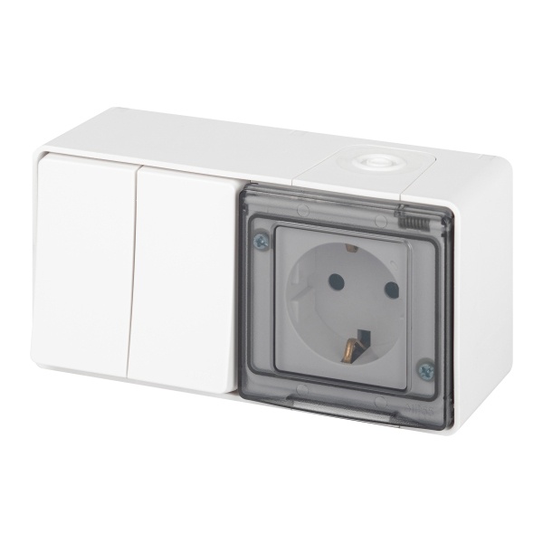 Блок ЭРА Эксперт розетка 2P+E+2-й выключатель открытой установки 11-7502-01 г-я IP55 белый