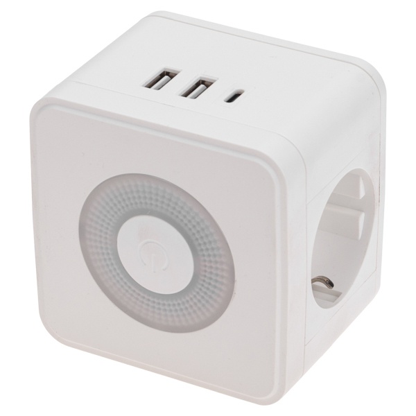 Двойник электрический Rexant Куб 2х2P+E 16А 2хUSB-A 2,4А, USB Type-C 3А ночник белый