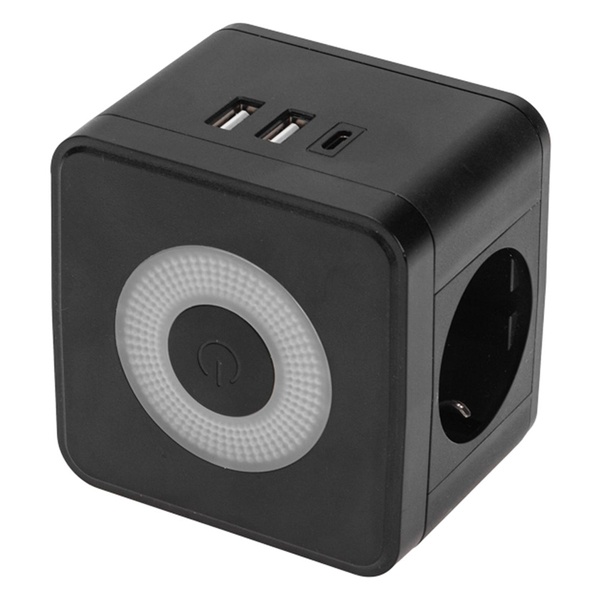 Двойник электрический Rexant Куб 2х2P+E 16А 2хUSB-A 2,4А, USB Type-C 3А ночник черный