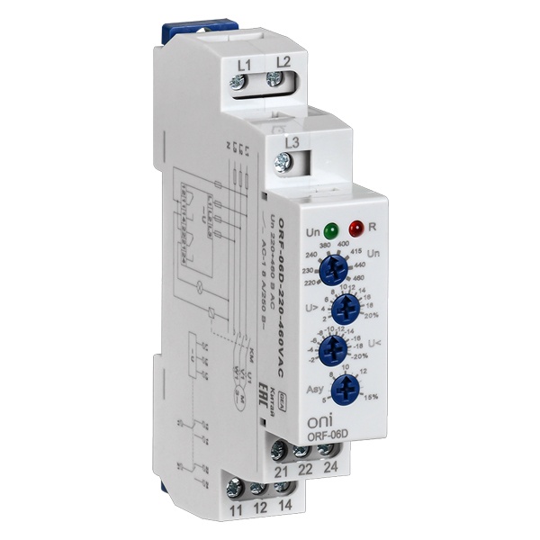 Реле контроля фаз ONI (ИЭК) ORF-06D 3 фазы 2NO/NC 220-460В AC без контроля нейтрали