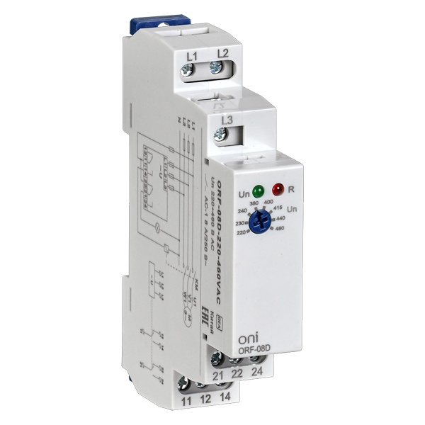 Реле контроля фаз ONI (ИЭК) ORF-08D 3 фазы 2NO/NC 220-460В AC без контроля нейтрали
