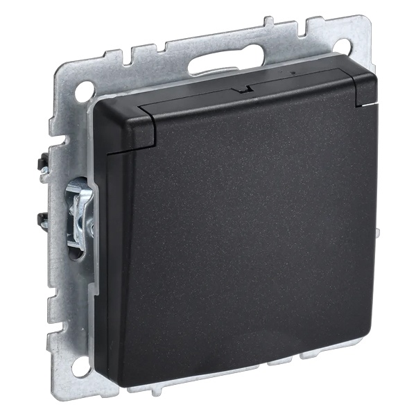 Розетка с заземлением ИЭК SKANDY SK-R11Bl 16А шторки крышка IP44 черный