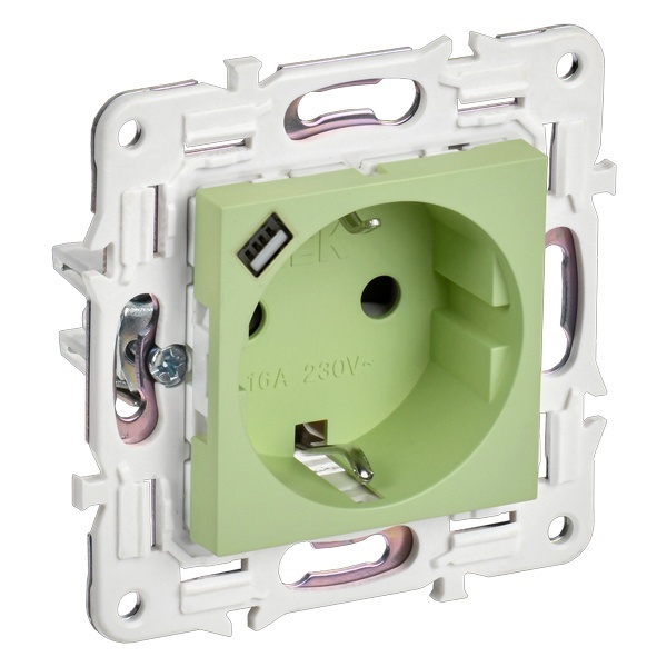 Розетка с зарядкой 2Р+Е со шторками ИЭК SKANDY SK-R17M 16А с USB С 18Вт мятный