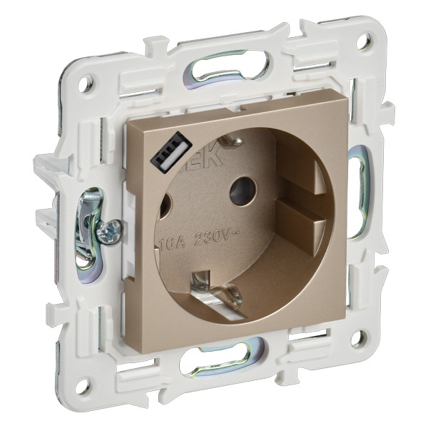 Розетка с зарядкой 2Р+Е со шторками ИЭК SKANDY SK-R17Sh 16А с USB С 18Вт шампань