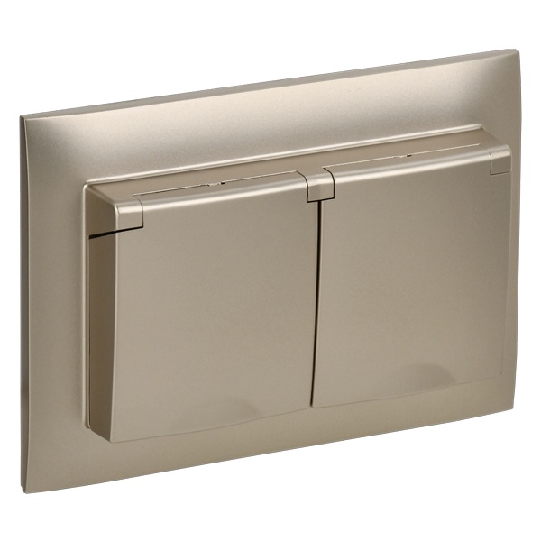 Розетка 2-я с заземлением в сборе ИЭК SKANDY SK-R12Sh 16А шторки крышка IP44 шампань