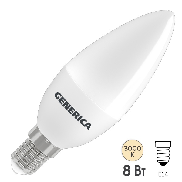 Лампа светодиодная свеча Generica (ИЭК) LED C35 8Вт 3000K 220В E14 тепло-белый свет