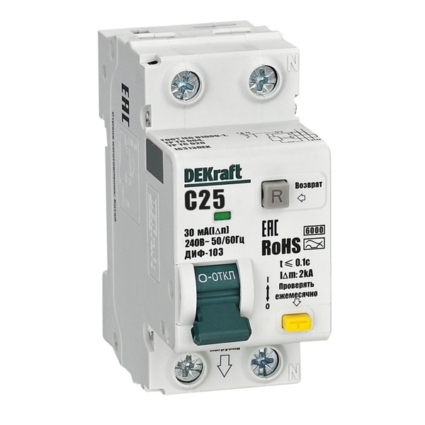 Дифференциальный автомат DEKraft ДИФ-103 New электронный C25А 30мА тип АС 1P+N 6кА (дифавтомат, АВДТ)