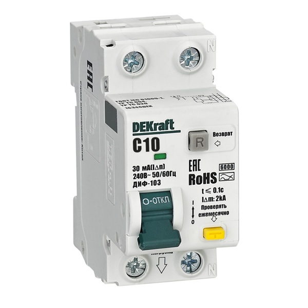 Дифференциальный автомат DEKraft ДИФ-103 New электронный C10А 30мА тип А 1P+N 6кА (дифавтомат, АВДТ)