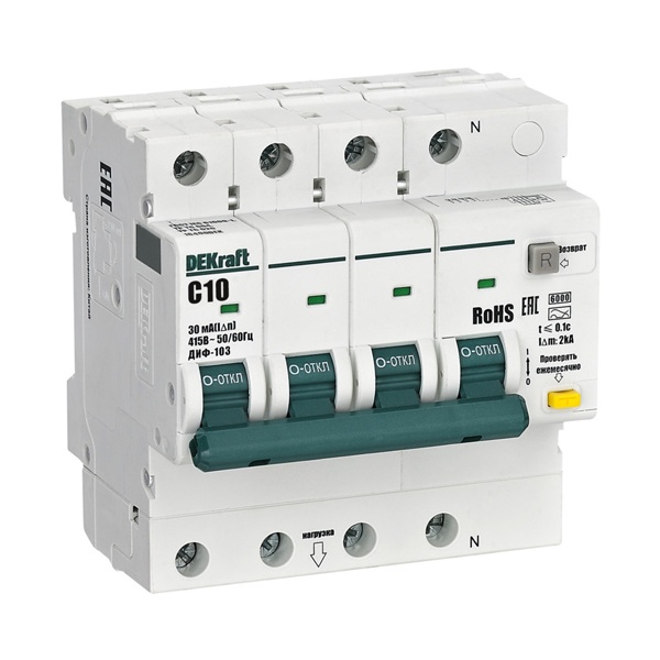 Дифференциальный автомат DEKraft ДИФ-103 New электронный C10А 30мА тип АС 3P+N 6кА (дифавтомат, АВДТ)