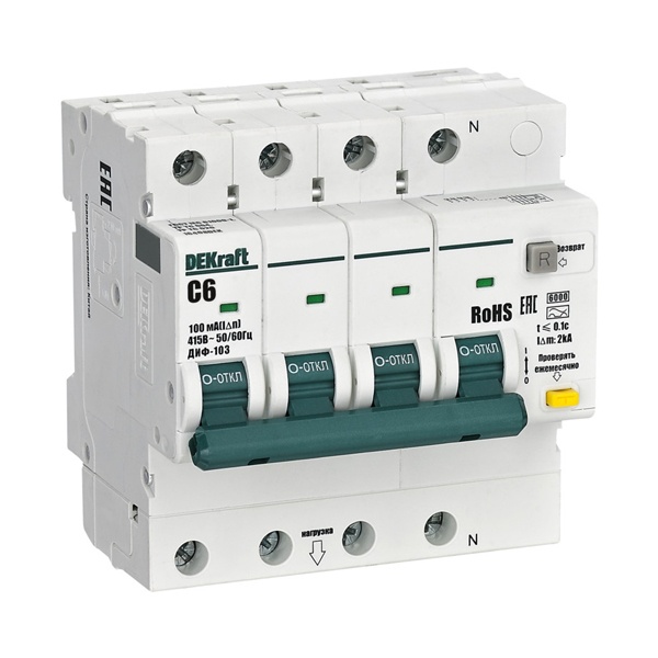 Дифференциальный автомат DEKraft ДИФ-103 New электронный C6А 100мА тип АС 3P+N 6кА (дифавтомат, АВДТ)