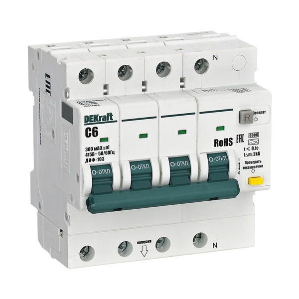 Дифференциальный автомат DEKraft ДИФ-103 New электронный C6А 300мА тип АС 3P+N 6кА (дифавтомат, АВДТ)