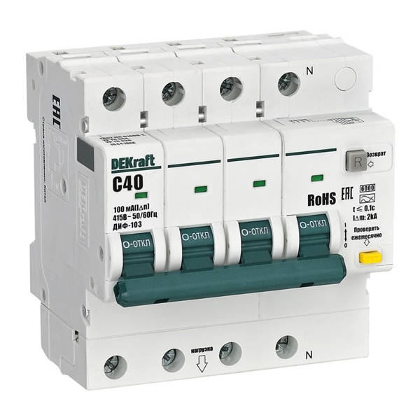 Дифференциальный автомат DEKraft ДИФ-103 New электронный C40А 100мА тип А 3P+N 6кА (дифавтомат, АВДТ)