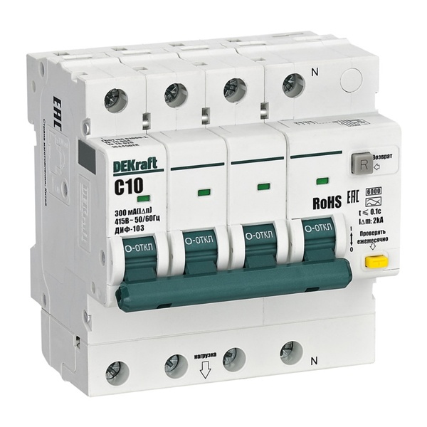 Дифференциальный автомат DEKraft ДИФ-103 New электронный C10А 300мА тип А 3P+N 6кА (дифавтомат, АВДТ)