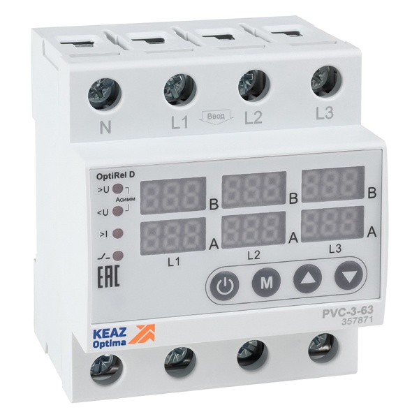 Реле напряжения трехфазное КЭАЗ OptiRel D PVС-3-63 с ЖК-дисплеем и контролем тока 63А 140-300В AC