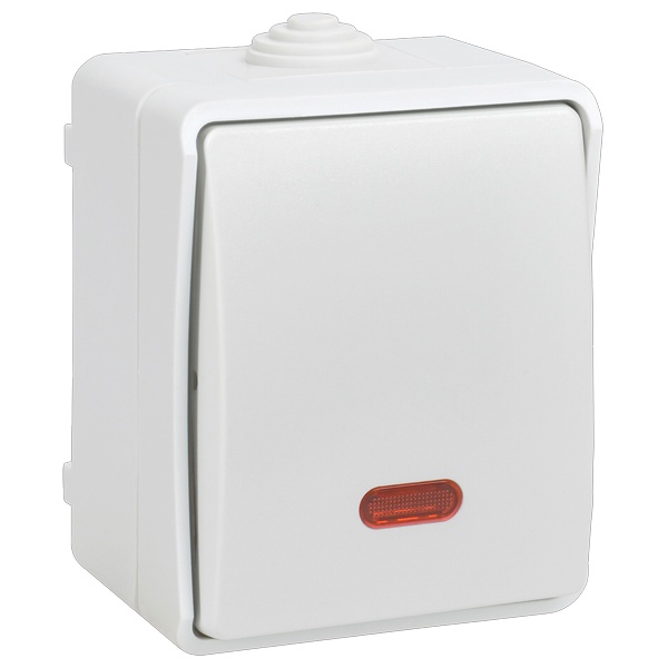 Переключатель одноклавишный с индикацией для открытой установки ИЭК ФОРС ВС20-1-1-ФБ IP54 белый