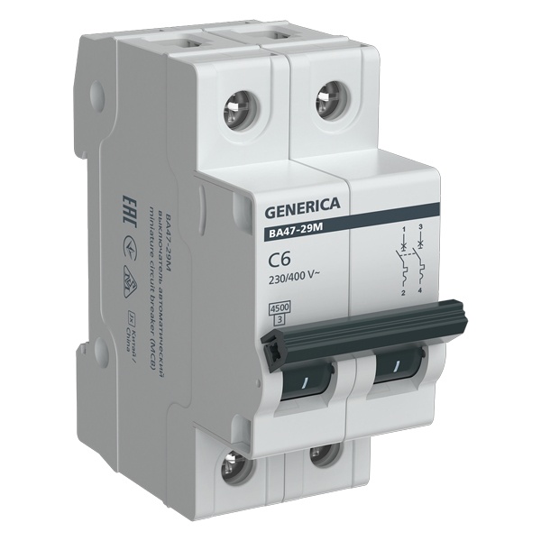 Автоматический выключатель Generica (ИЭК) ВА 47-29М 2Р 6А 4,5кА характеристика С (автомат электрический)
