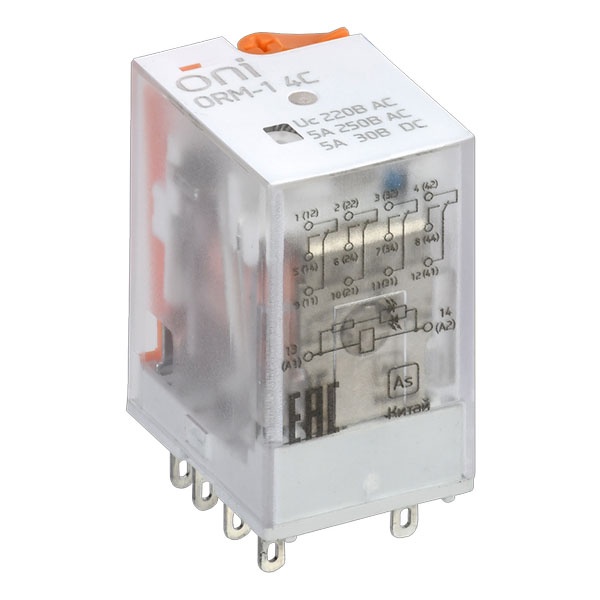 Реле интерфейсное ONI (ИЭК) ORM-1 5A 4НО/НЗ LED и тестовая кнопка 230В AC