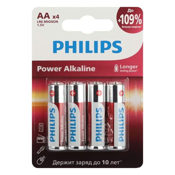 Батарейка Philips AA LR6 алкалиновая 1,5V LR6P4B/51 Power (упаковка 4 шт) 24895229139491
