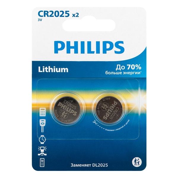 Батарейка Philips CR2025 литиевая CR2025P2/51 (упаковка 2 шт) 24895229149445