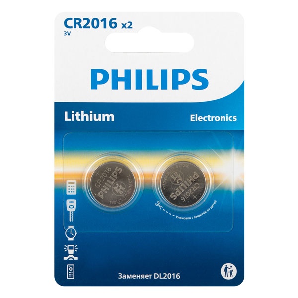 Батарейка Philips CR2016 литиевая CR2016P2/51 (упаковка 2 шт) 24895229149438