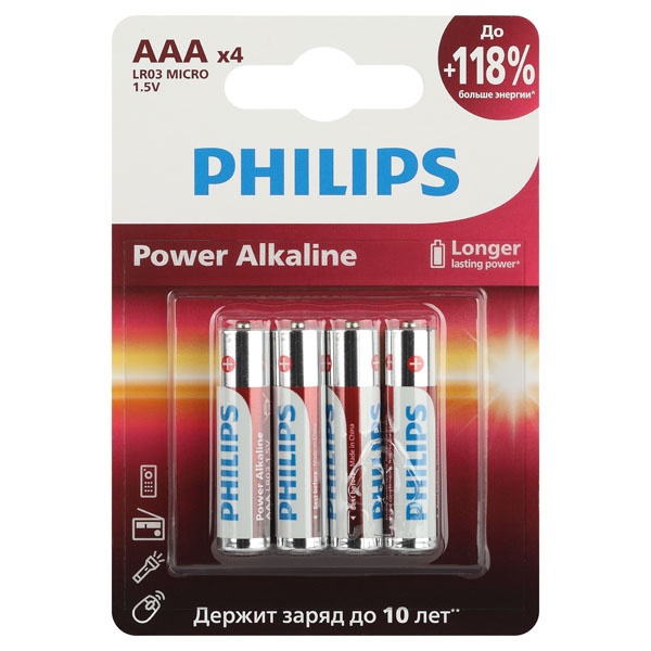 Батарейка Philips AAA LR03 алкалиновая 1,5V LR03P4B/51 Power (упаковка 4 шт) 24895229139507