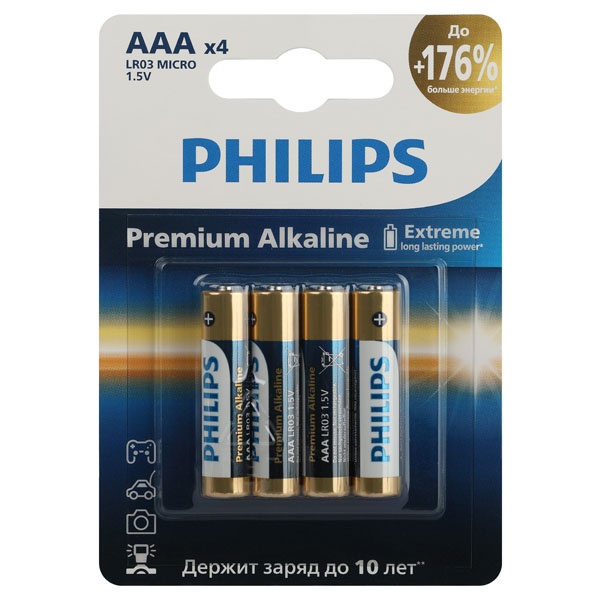 Батарейка Philips AAA LR03 алкалиновая 1,5V LR03M4B/51 Premium (упаковка 4 шт) 24895229139415