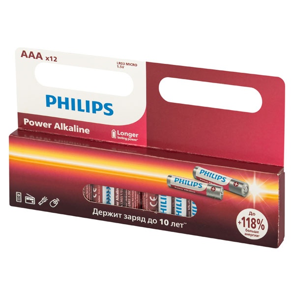 Батарейка Philips AAA LR03 алкалиновая 1,5V LR03P12W/51 Power (упаковка 12 шт) 14895229149318