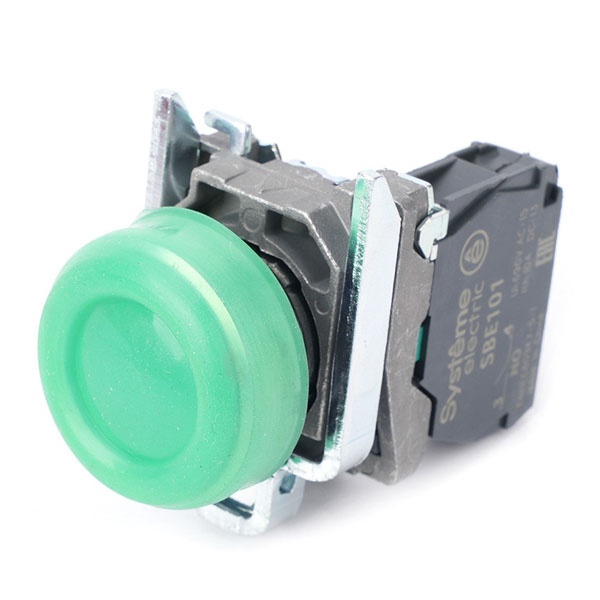 Кнопка в сборе SE SB4 22мм выступающая с возвратом 1НО IP65 металл зеленая