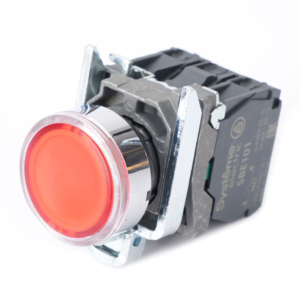 Кнопка с подсветкой в сборе SE SB4 22мм с возвратом 1НО+1НЗ 230-240В AC IP65 металл красная