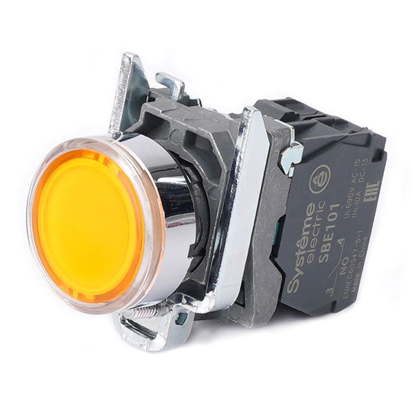 Кнопка с подсветкой в сборе SE SB4 22мм с возвратом 1НО 24В DC IP65 металл желтая