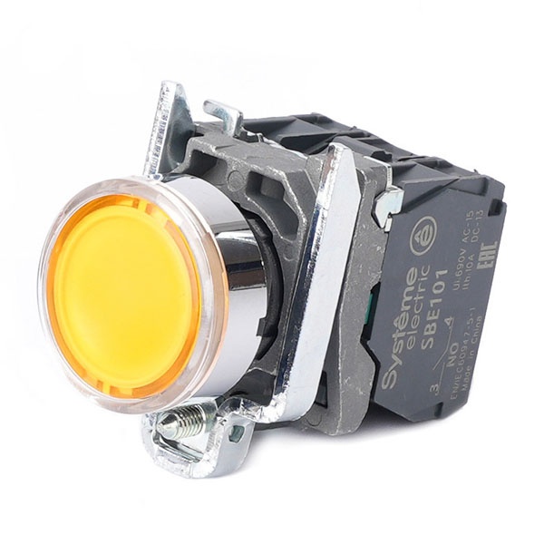 Кнопка с подсветкой в сборе SE SB4 22мм с возвратом 1НО+1НЗ 24В DC IP65 металл желтая