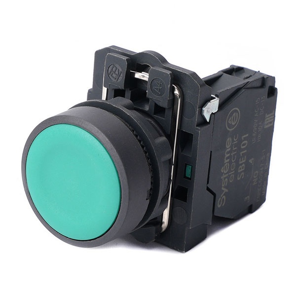Кнопка в сборе SE SB5 22мм с возвратом 1НО IP65 пластик зеленая