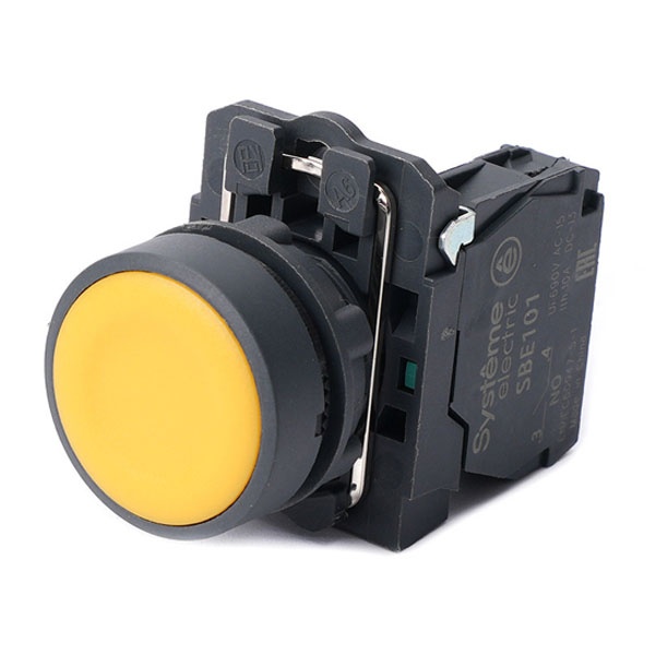 Кнопка в сборе SE SB5 22мм с возвратом 1НО IP65 пластик желтая
