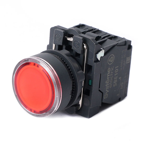 Кнопка с подсветкой в сборе SE SB5 22мм с возвратом 1НО+1НЗ 230-240В AC IP65 пластик красная