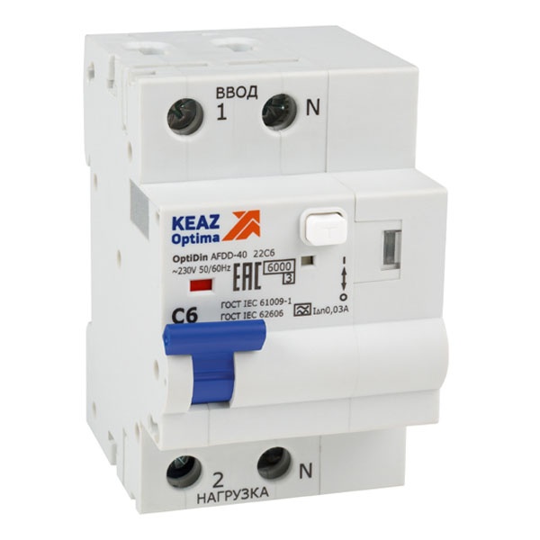 УЗДП с АВДТ КЭАЗ OptiDin AFDD-40-22C6-A-У3 2P C6 30mA защита от повышенного напряжения 275В