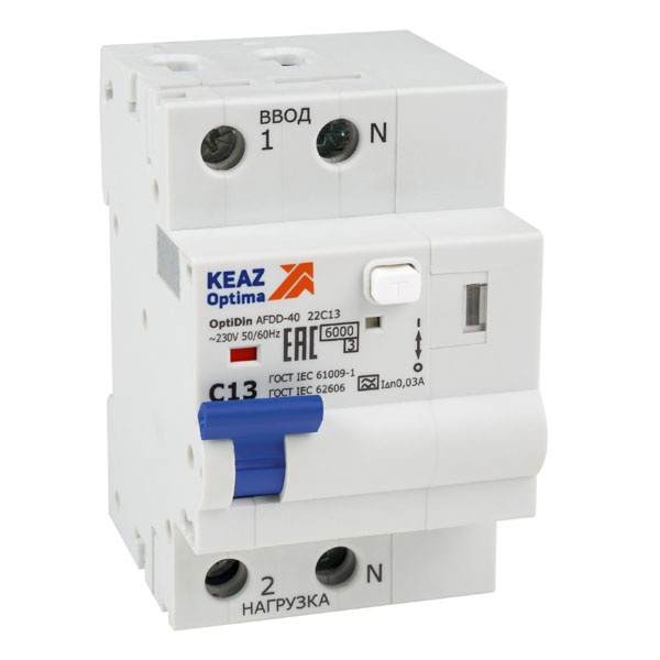 УЗДП с АВДТ КЭАЗ OptiDin AFDD-40-22C13-A-У3 2P C13 30mA защита от повышенного напряжения 275В