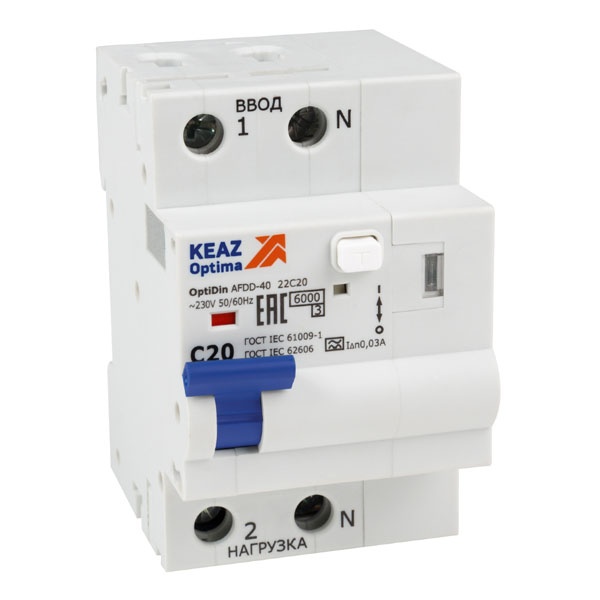 УЗДП с АВДТ КЭАЗ OptiDin AFDD-40-22C20-A-У3 2P C20 30mA защита от повышенного напряжения 275В