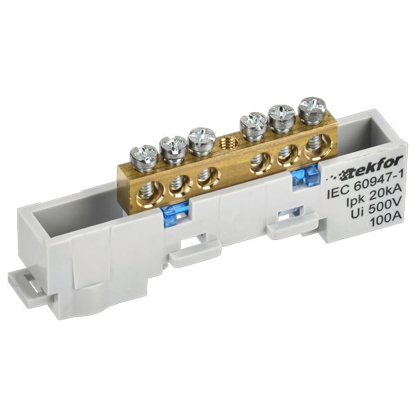 Шина ИЭК N (ноль) Tekfor 6х9-6-С 6х9мм 6 выводов неизолированная на держателе синий