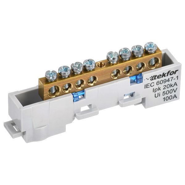 Шина ИЭК N (ноль) Tekfor 6х9-8-С 6х9мм 8 выводов неизолированная на держателе синий